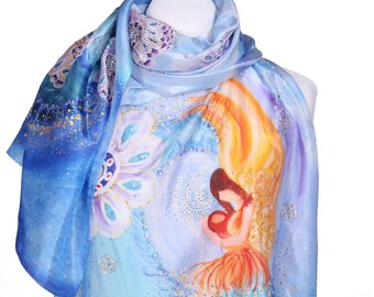 Batik-Hand painted Silk fabric scarf top - Mother's Love/Beachwear/Art to Wear/Women Scarf/Mother’s Day Gift