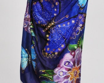 Silk Fabric Scarf/Hand painted silk scarf/Swarovski Crystals/Blue & Purple Butterflies/Women scarf/Spring shawl/Fashionista gift/Art to wear