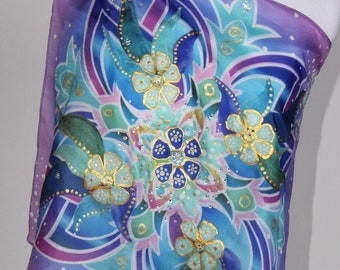 Batik-Silk Fabric Purple Flower Basket Scarf/Handpainted cowgirl silk scarf/scarf face mask /Women scarf/Summer/Fashionista gift/Art to wear