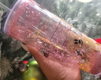 Pink and Gold Mouse Gingerbread snowglobe Tumbler