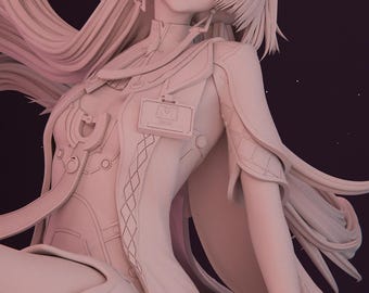 May include: A 3D rendered figure of a female character with long hair and a detailed outfit. The figure is in a seated position, with a serene expression. The color palette is monochromatic, with a soft, pinkish hue. The G3D Studio logo is in the upper left corner.