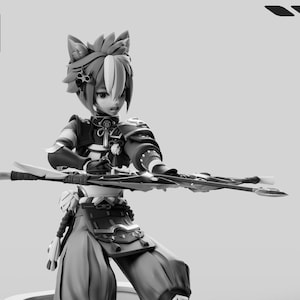 Puede incluir: Figura en escala de grises de un personaje con orejas de zorro, sosteniendo un arma. La figura está posada sobre una base rectangular con un diseño de media luna. El texto "GRAY WORLD CORPORATION" está alineado verticalmente a la izquierda.