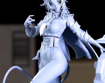 May include: A light blue figurine of a female character with horns, a tail, and high heels. The figure is posed with one arm raised and is surrounded by stylized mechanical and organic elements. The overall design suggests a fantasy or anime theme.