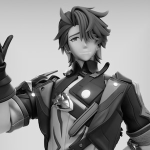 May include: A black and white figurine of a character with layered hair, wearing a structured jacket with metallic accents, gloves, and fitted trousers. The text GRAY WORLD CORPORATION is printed vertically along the left side of the image.