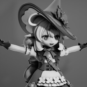 May include: A grayscale figurine of a character from the Genshin Impact Collection. The figure is a young girl in a witch-like outfit, including a hat, dress, and shorts. She stands on an open book with her arms outstretched.