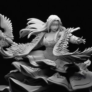 May include: A detailed, grayscale sculpture of a woman with flowing hair and feathered wings, accompanied by a bird. The figure is atop a layered, textured base with floral and foliage details. The sculpture is set against a dark background with decorative gold borders.