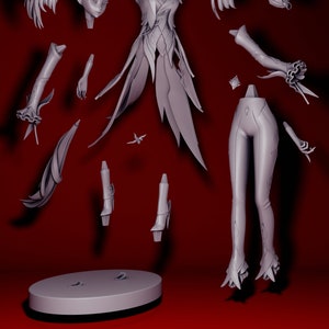 May include: A 3D printed model of a female figure in a detailed, flowing gown with intricate details. The model is disassembled into multiple pieces, including the head, torso, arms, legs, and accessories. The model is made of a light grey plastic and is ready for assembly.