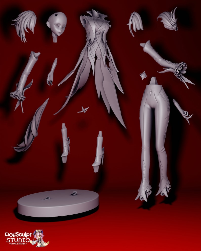 May include: A 3D printed model of a female figure in a detailed, flowing gown with intricate details. The model is disassembled into multiple pieces, including the head, torso, arms, legs, and accessories. The model is made of a light grey plastic and is ready for assembly.