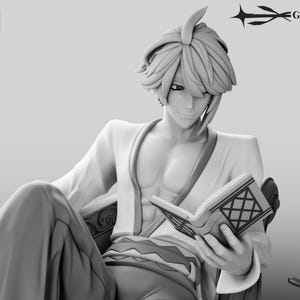 May include: Monochrome figurine of a seated character from Genshin Impact, holding a book. The figure is wearing a long-sleeved top and pants. The Gray World Corp logo is visible on the left.