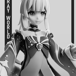 Puede incluir: Figura en escala de grises de un personaje femenino de anime con cabello largo y claro y un atuendo detallado. La figura tiene un lazo, un collar decorativo y mangas largas. Las palabras "GRAY WORLD" y las letras "GV" son visibles.