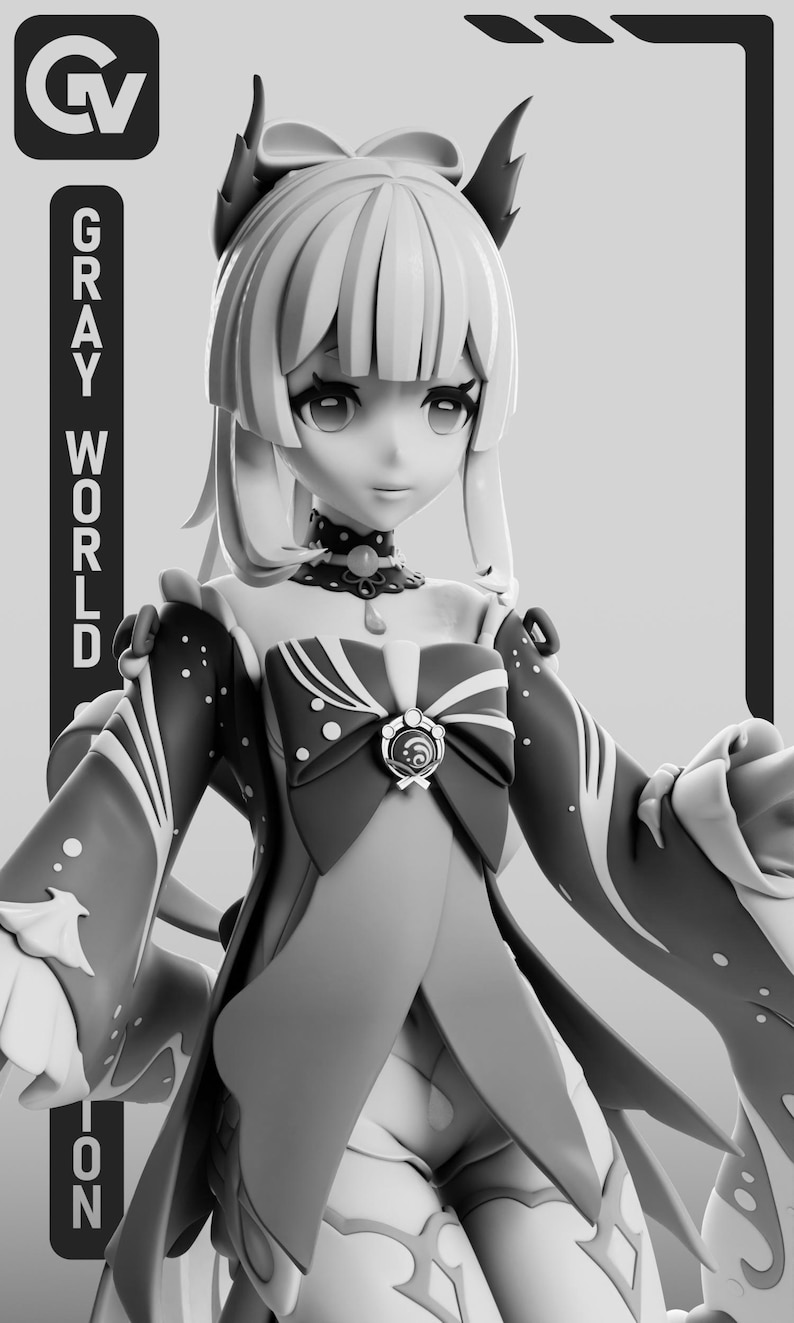 Puede incluir: Figura en escala de grises de un personaje femenino de anime con cabello largo y claro y un atuendo detallado. La figura tiene un lazo, un collar decorativo y mangas largas. Las palabras "GRAY WORLD" y las letras "GV" son visibles.