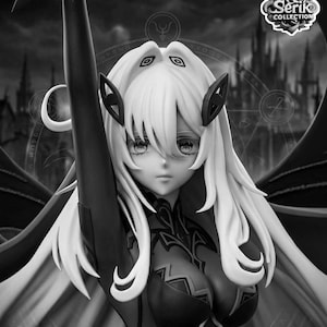May include: A black and white anime-style figurine featuring a character with long hair, pointed ear accessories, and a dark patterned outfit. The figure has one arm raised and is set against a backdrop with a circular emblem and the text Serik Collection.
