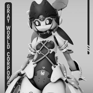 May include: A grayscale illustration of a futuristic robot figure. The figure has a dark helmet, white accents, and a bodysuit with crisscross straps. The image includes the text "GRAY WORLD CORPORA" and a logo.