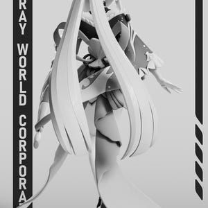 Puede incluir: Figura en escala de grises de un personaje con cabello largo y fluido y ropa adornada. La figura est&aacute; sobre una base cuadrada. El texto "GRAY WORLD CORPORATION" est&aacute; alineado verticalmente en el lado izquierdo de la imagen.