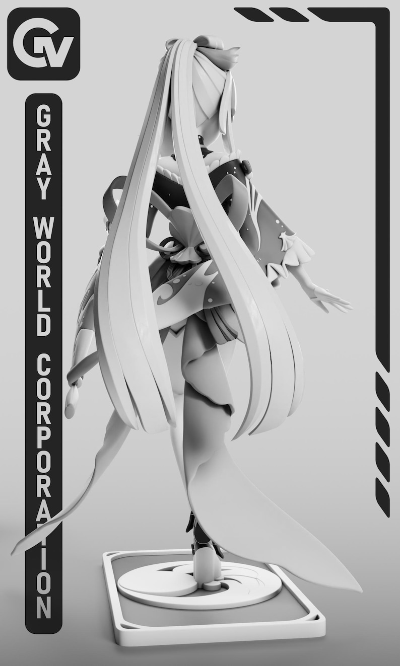 Puede incluir: Figura en escala de grises de un personaje con cabello largo y fluido y ropa adornada. La figura est&aacute; sobre una base cuadrada. El texto "GRAY WORLD CORPORATION" est&aacute; alineado verticalmente en el lado izquierdo de la imagen.