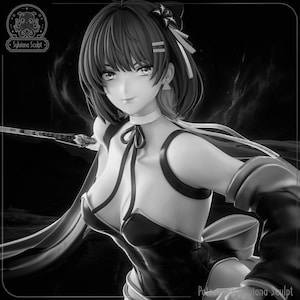 May include: Black and white anime-style figure of a woman with short hair, wearing a dark outfit with a bow and a sword. The figure has a stern expression. The logo "Sylviana Sculpt" is visible.