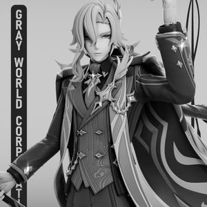 Puede incluir: Figura en escala de grises de un personaje con cabello largo y claro y un atuendo adornado. La figura lleva un abrigo oscuro con detalles decorativos y un chaleco. La imagen incluye el texto "GRAY WORLD CORP" verticalmente a la izquierda y "ENSHIN IMPACT" en la parte superior derecha.
