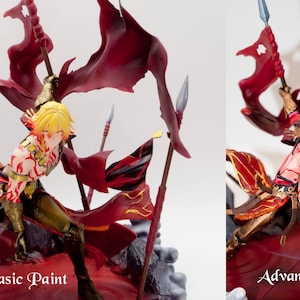 Puede incluir: Figura detallada de un personaje con cabello rubio, vestido con armadura roja y dorada, sosteniendo una lanza. La figura est&aacute; posada din&aacute;micamente con tela roja fluida y est&aacute; sobre una base rocosa. El texto "Basic Paint" es visible.