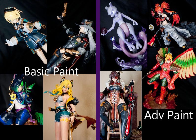 Puede incluir: Una colecci&oacute;n de figuras de estilo anime con diferentes acabados de pintura. La imagen se divide en dos secciones, etiquetadas como "Basic Paint" y "Adv Paint", que muestran modelos de personajes detallados con colores vibrantes y dise&ntilde;os intrincados. Las figuras est&aacute;n posadas din&aacute;micamente.