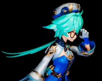 May include: A blue and white anime figurine with teal hair and a blue and gold hat. The figurine is wearing a blue and white dress with gold accents and is holding a pair of glasses.