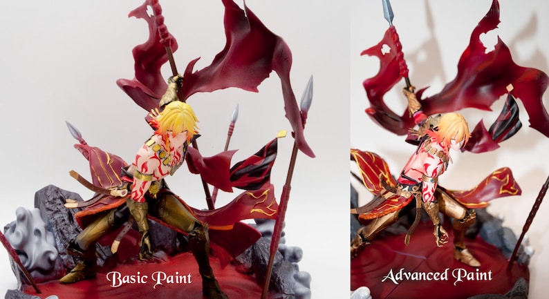 Puede incluir: Figura detallada de un personaje con cabello rubio, vestido con armadura roja y dorada, sosteniendo una lanza y una bandera. La figura est&aacute; posada din&aacute;micamente sobre una base rocosa, con tela roja fluida. El texto "Basic Paint" y "Advanced Paint" son visibles.