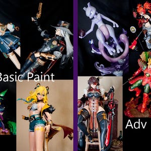 Puede incluir: Una colecci&oacute;n de figuras de estilo anime, que muestran varios personajes con pintura detallada. La imagen se divide en dos secciones: "Basic Paint" y "Adv Paint", destacando los diferentes niveles de detalle y arte en las figuras.