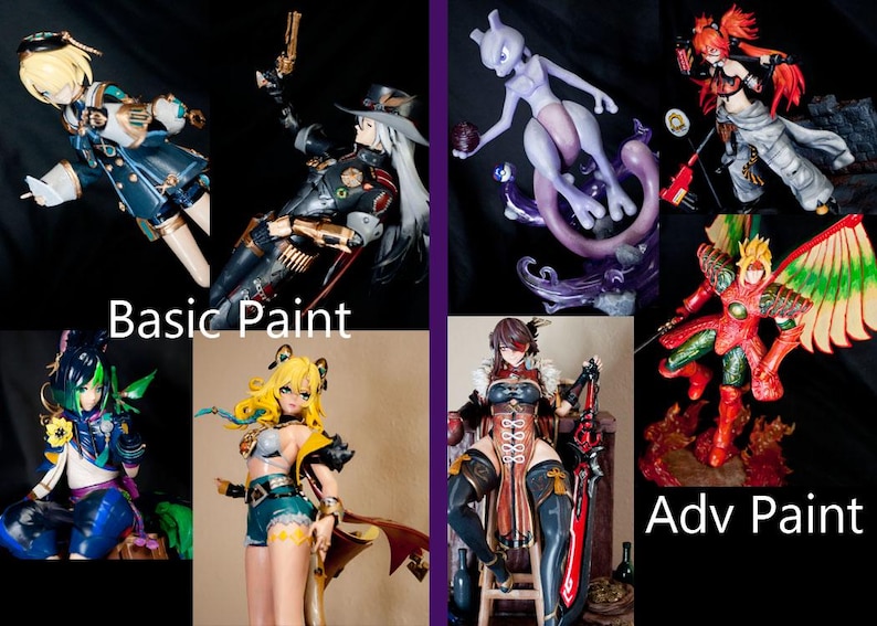 Puede incluir: Una colecci&oacute;n de figuras de estilo anime, que muestran varios personajes con pintura detallada. La imagen se divide en dos secciones: "Basic Paint" y "Adv Paint", destacando los diferentes niveles de detalle y arte en las figuras.