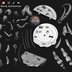 Puede incluir: Imagen en escala de grises de piezas de figuras desmontadas, que incluyen un torso, piernas, brazos, cabello y elementos decorativos. Las piezas est&aacute;n dispuestas sobre un fondo oscuro. El texto "Serik_Collection" es visible en la parte superior.