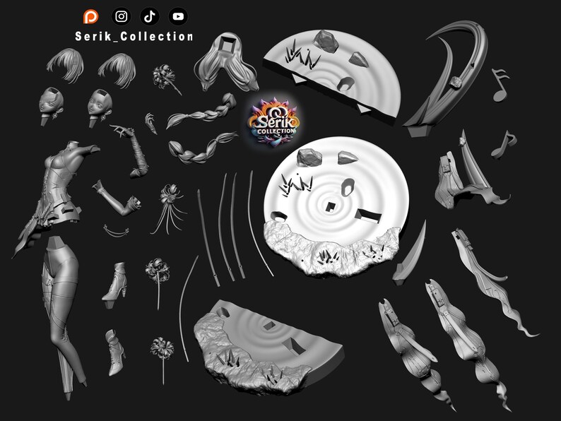 Puede incluir: Imagen en escala de grises de piezas de figuras desmontadas, que incluyen un torso, piernas, brazos, cabello y elementos decorativos. Las piezas est&aacute;n dispuestas sobre un fondo oscuro. El texto "Serik_Collection" es visible en la parte superior.