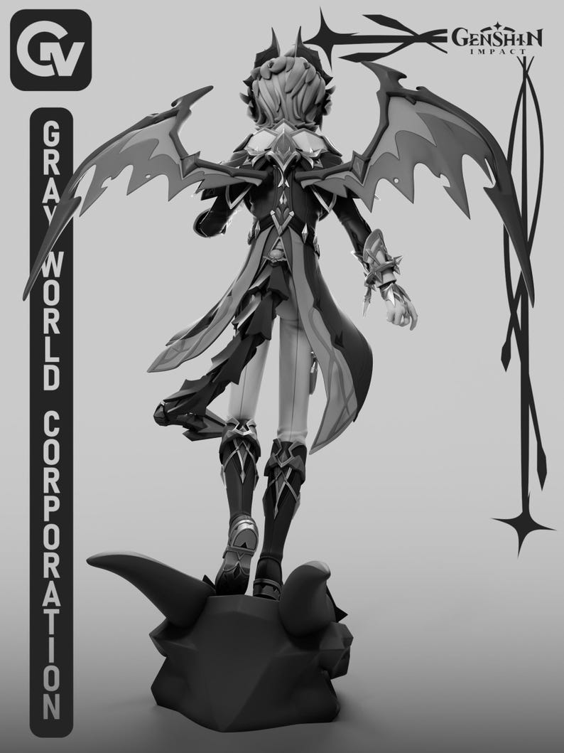 Puede incluir: Figura en escala de grises de un personaje con grandes alas estilizadas y armadura detallada. La figura se encuentra sobre una base texturizada. La imagen incluye el texto "Genshin Impact" y "Gray World Corporation".