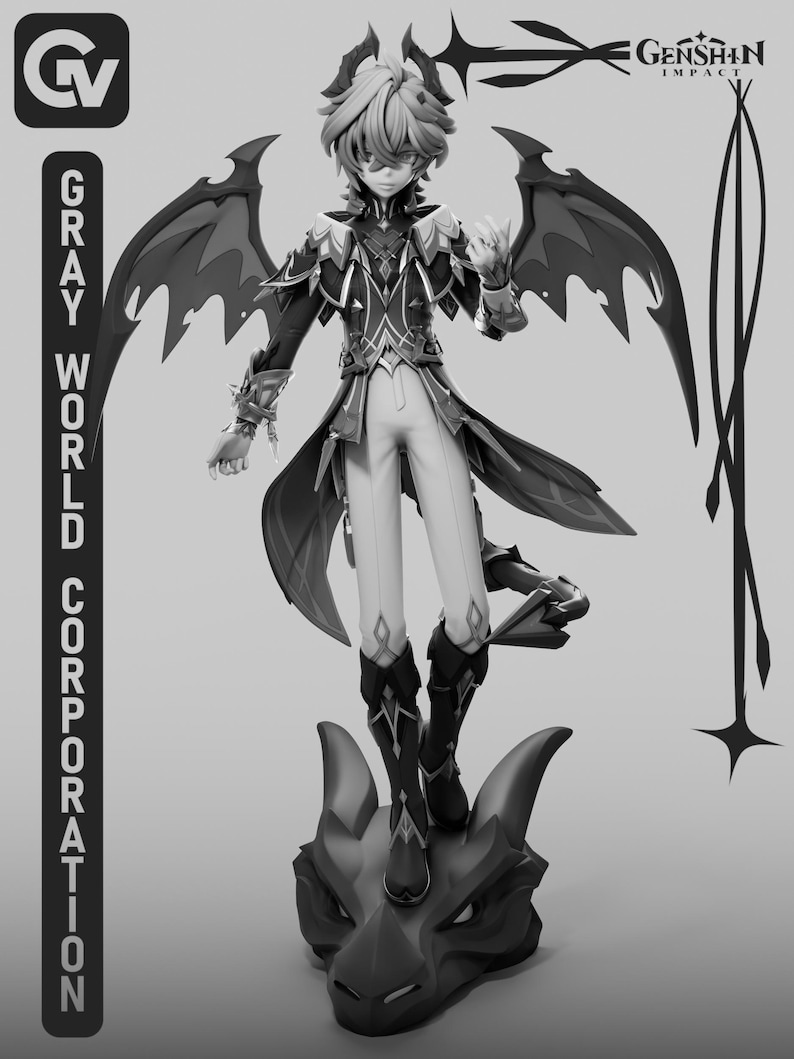 Puede incluir: Figura en escala de grises de un personaje de Genshin Impact, de pie sobre una base de cabeza de drag&oacute;n. La figura tiene una armadura detallada, alas y una pose din&aacute;mica. El logotipo de Gray World Corporation es visible.