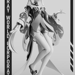 Puede incluir: Figura en escala de grises de un personaje femenino de anime con cabello largo y ropa elaborada. La figura est&aacute; de pie sobre una plataforma, con las palabras "GRAY WORLD CORPORATION" impresas verticalmente en el lado izquierdo. La figura lleva sandalias con lazos.