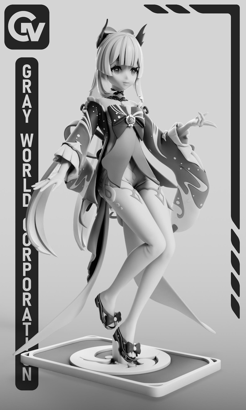 Puede incluir: Figura en escala de grises de un personaje femenino de anime con cabello largo y ropa elaborada. La figura est&aacute; de pie sobre una plataforma, con las palabras "GRAY WORLD CORPORATION" impresas verticalmente en el lado izquierdo. La figura lleva sandalias con lazos.