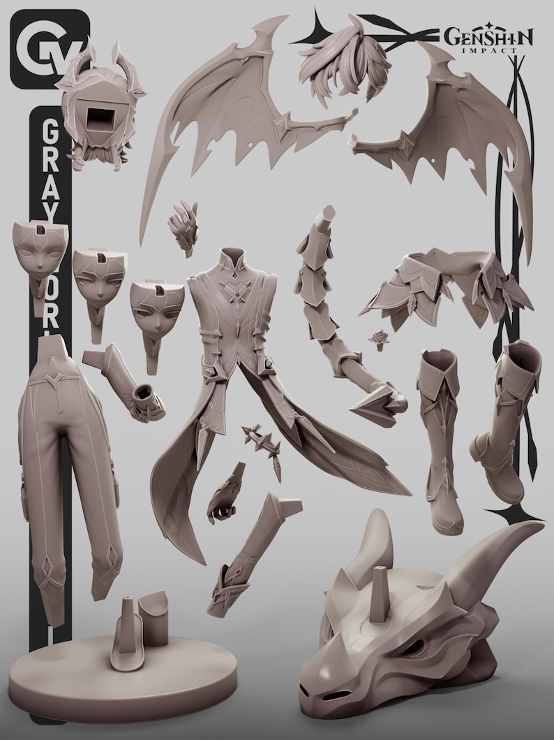 Puede incluir: Un disfraz de cosplay gris claro desmontado, con varios componentes, incluyendo alas, una m&aacute;scara, botas y un abrigo. Las piezas est&aacute;n dispuestas sobre una superficie gris claro. La imagen incluye el texto "Genshin Impact" y el logo "Gray or".