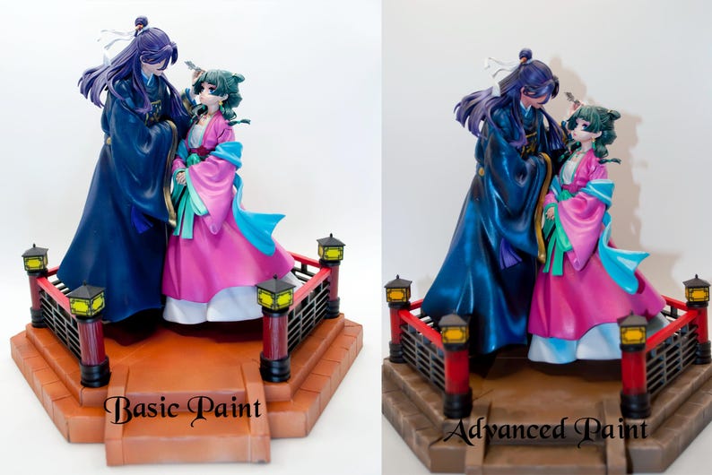 Puede incluir: Dos figuras de estilo anime de una pareja con ropa tradicional. Las figuras est&aacute;n sobre una plataforma de varios niveles con una barandilla roja y faroles amarillos. Las figuras son en tonos de azul, rosa y verde. El texto "Basic Paint" y "Advanced Paint" est&aacute; en la parte inferior.