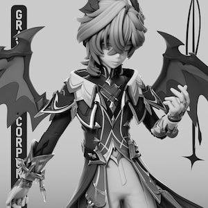 Puede incluir: Figura en escala de grises de un personaje con cabello y ropa estilizados. La figura tiene grandes estructuras en forma de alas y detalles intrincados en la armadura. La imagen incluye el texto "Genshin Impact" y el logo de "Grav Corp".