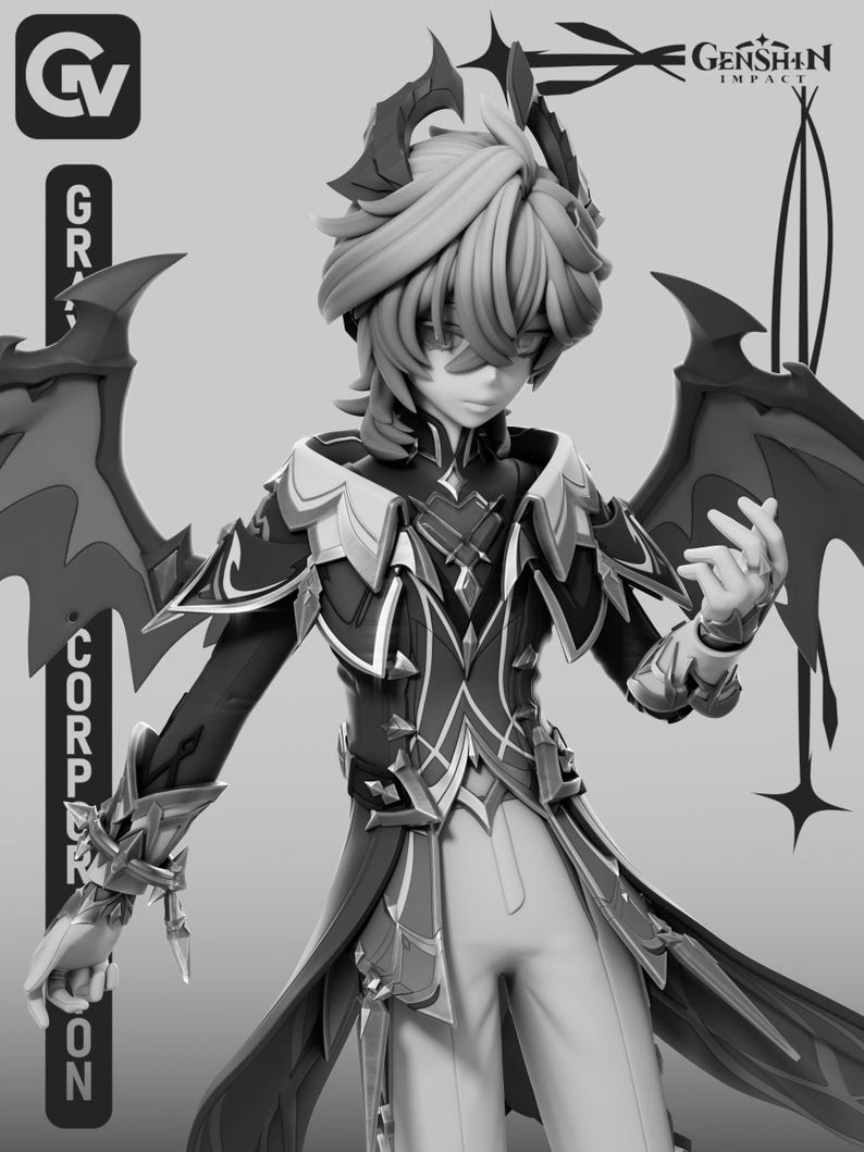 Puede incluir: Figura en escala de grises de un personaje con cabello y ropa estilizados. La figura tiene grandes estructuras en forma de alas y detalles intrincados en la armadura. La imagen incluye el texto "Genshin Impact" y el logo de "Grav Corp".
