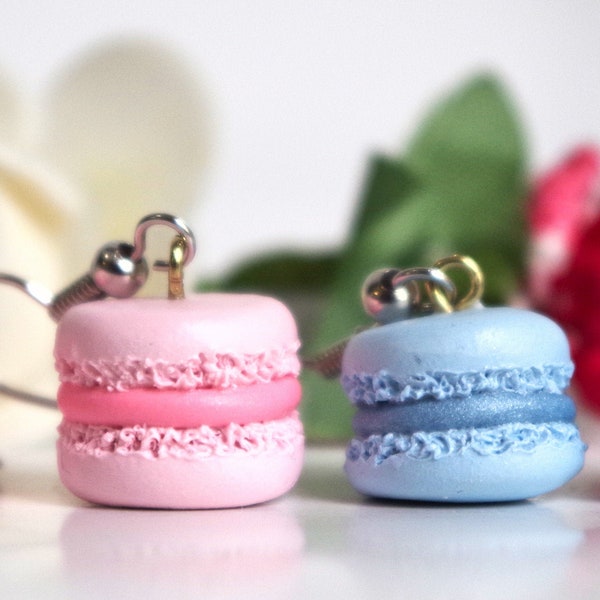 Macaron Sterling Silver Earrings Polymer Clay, Mini Pastel French Jewelry Sweets Blue Green Pink Earrings, Desserts Dangle and Drop Earrings