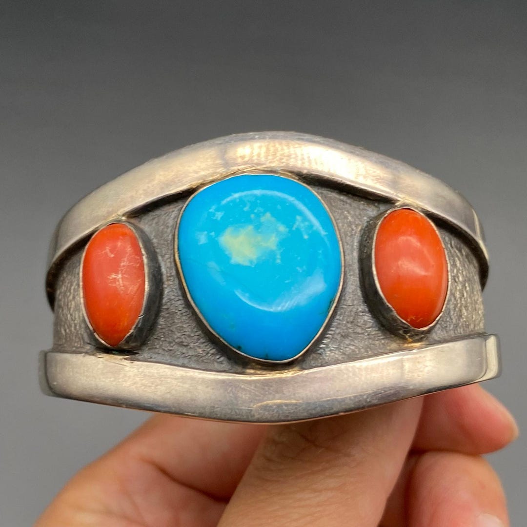 Vintage Navajo Native Turquoise Coral Hand Stamped Silver Bracelet Cuff ...