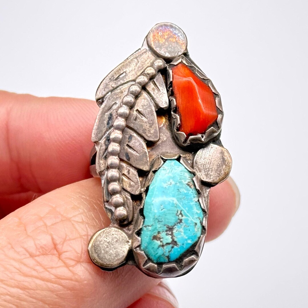 Vintage Navajo Native Turquoise Coral Silver Ring Size 7 - Etsy