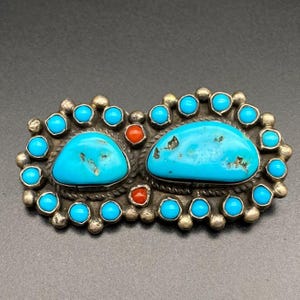 Vintage Navajo Native Turquoise Coral Silver Brooch Pin