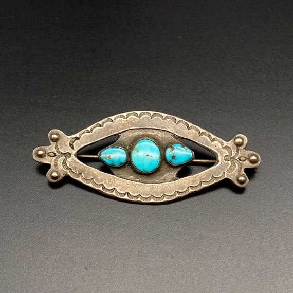 Vintage Navajo Indian Turquoise Hand Stamped Silv… - image 1