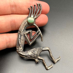 Vintage Navajo Native Turquoise Kokopelli Sandcast Silver Pin Brooch