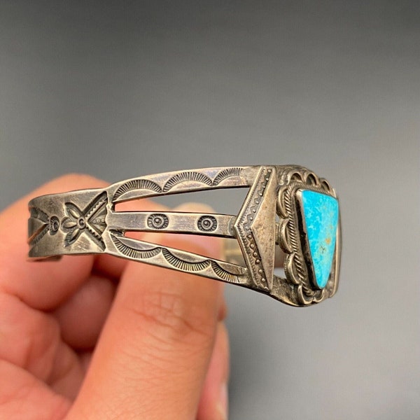 Vintage Navajo Turquoise Hand Stamped Silver Bracelet Cuff 6-1/2"