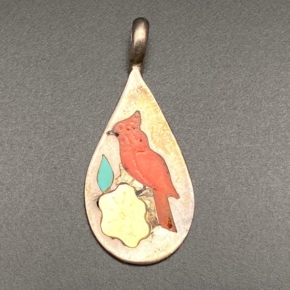 Vintage Zuni Red Cardinal Bird Turquoise Coral Lotti Sterling Silver Pendant