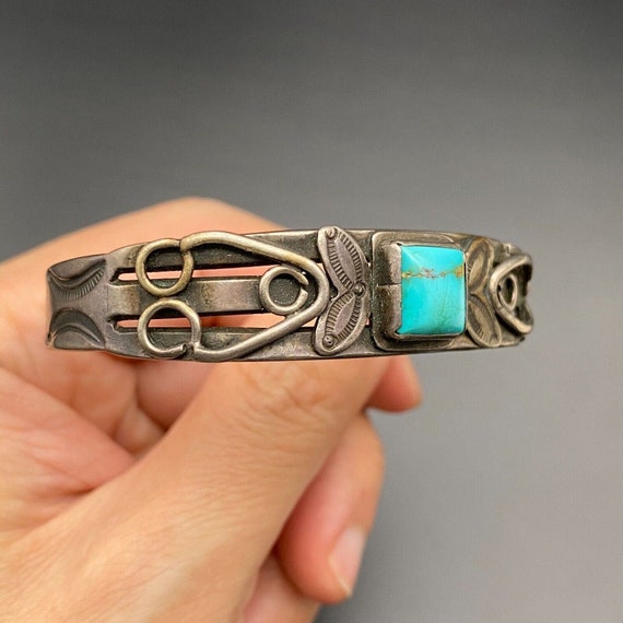 Vintage Navajo Turquoise Hand Stamped Silver Brac… - image 1