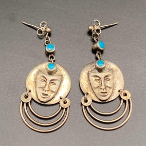 Vintage teater-komedimask turkosa sterlingsilverörhängen