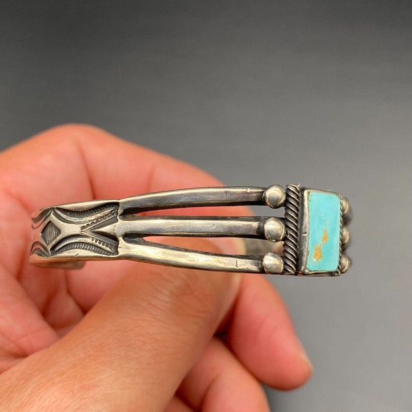 Vintage Navajo Turquoise Hand Stamped Silver Bracelet Cuff 6-3/4"