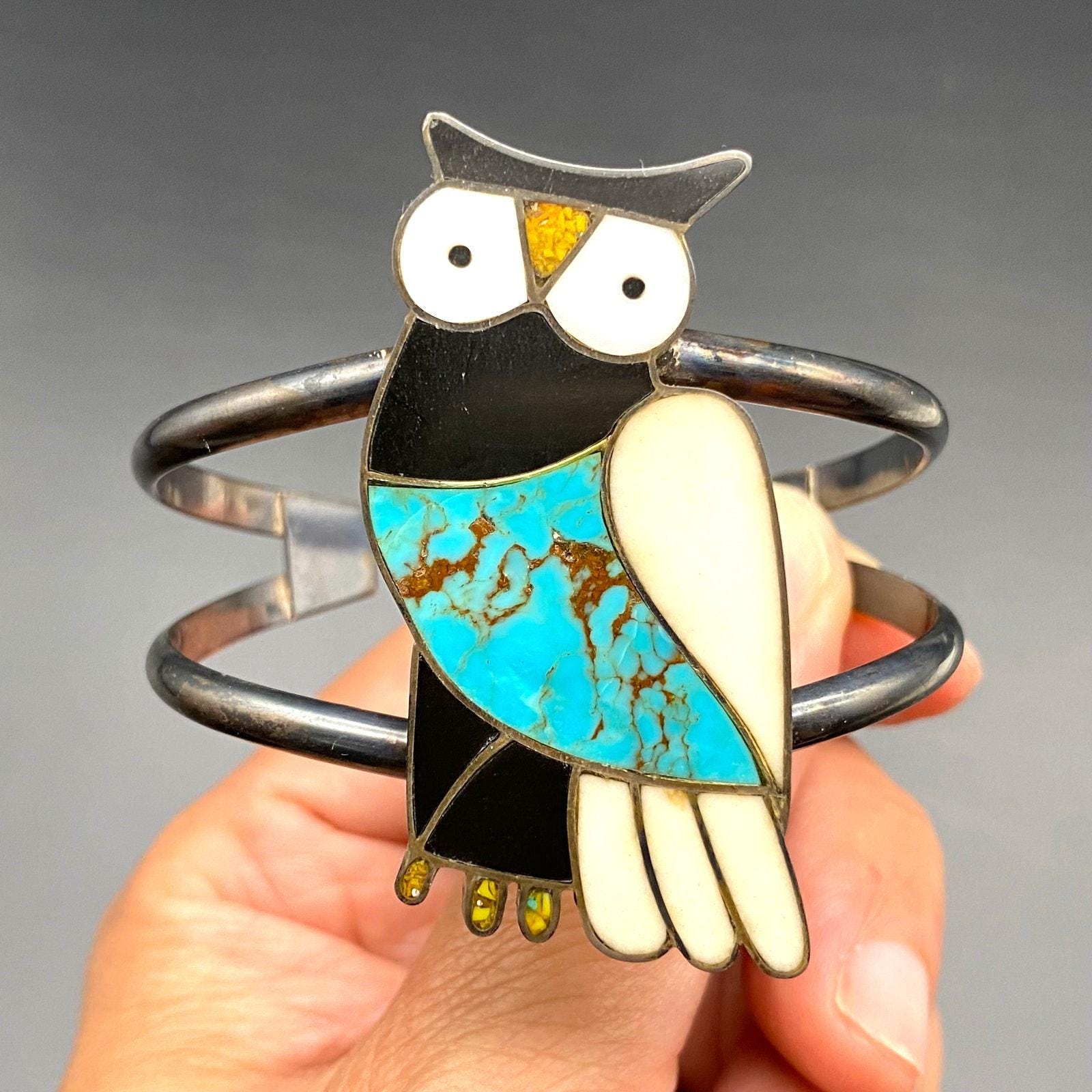Vintage Southwestern Owl Bird Turquoise Inlay Silver Bracelet Cuff Small 6-1/4"