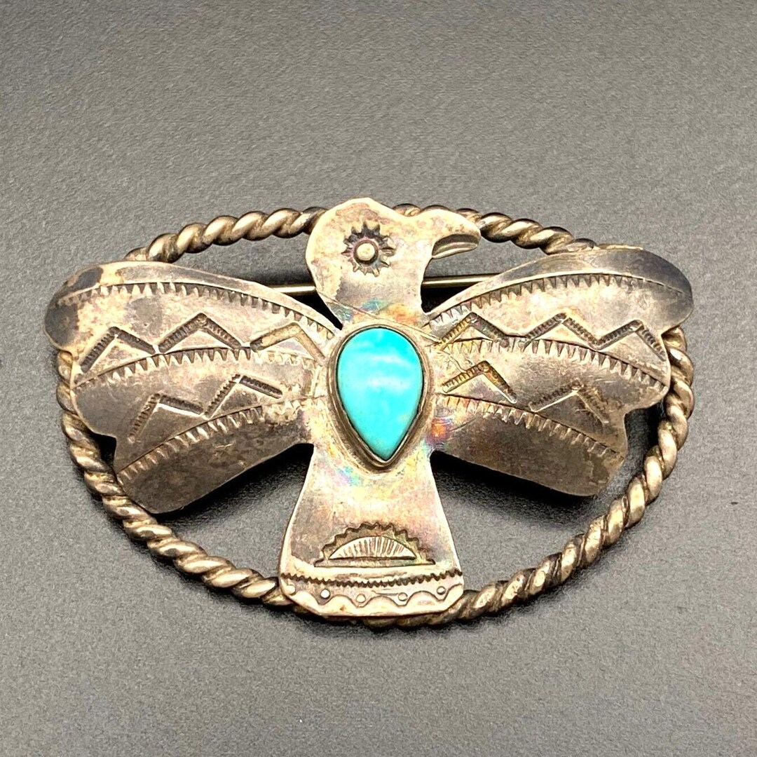 Vintage Navajo Native Turquoise Thunderbird Hand Stampwork Silver